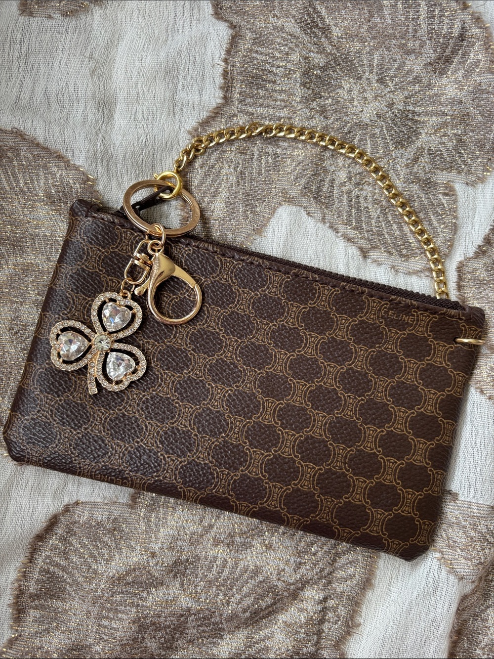 Celine Brown Logo-Print Leather Wristlet w/ Gold Tone Chain & Clover Charm - Picture 2 of 15